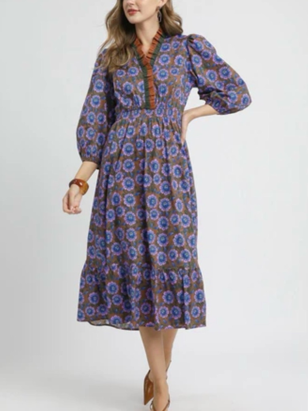 UMGEE Floral Midi Dress with Ruffled Trim - Purple